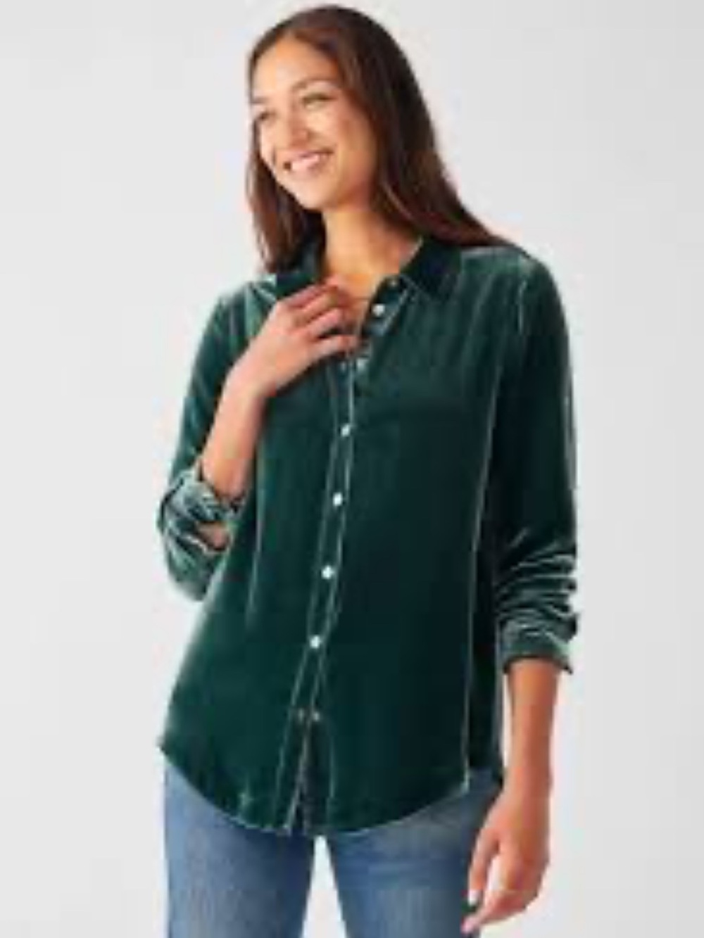 Faherty Vintage Silk Velvet Genevieve Shirt in Emerald Green Small